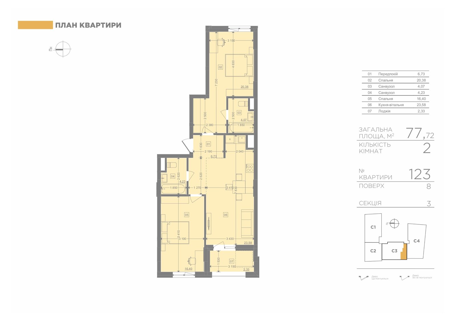 2-кімнатна 77.72 м², секція 3