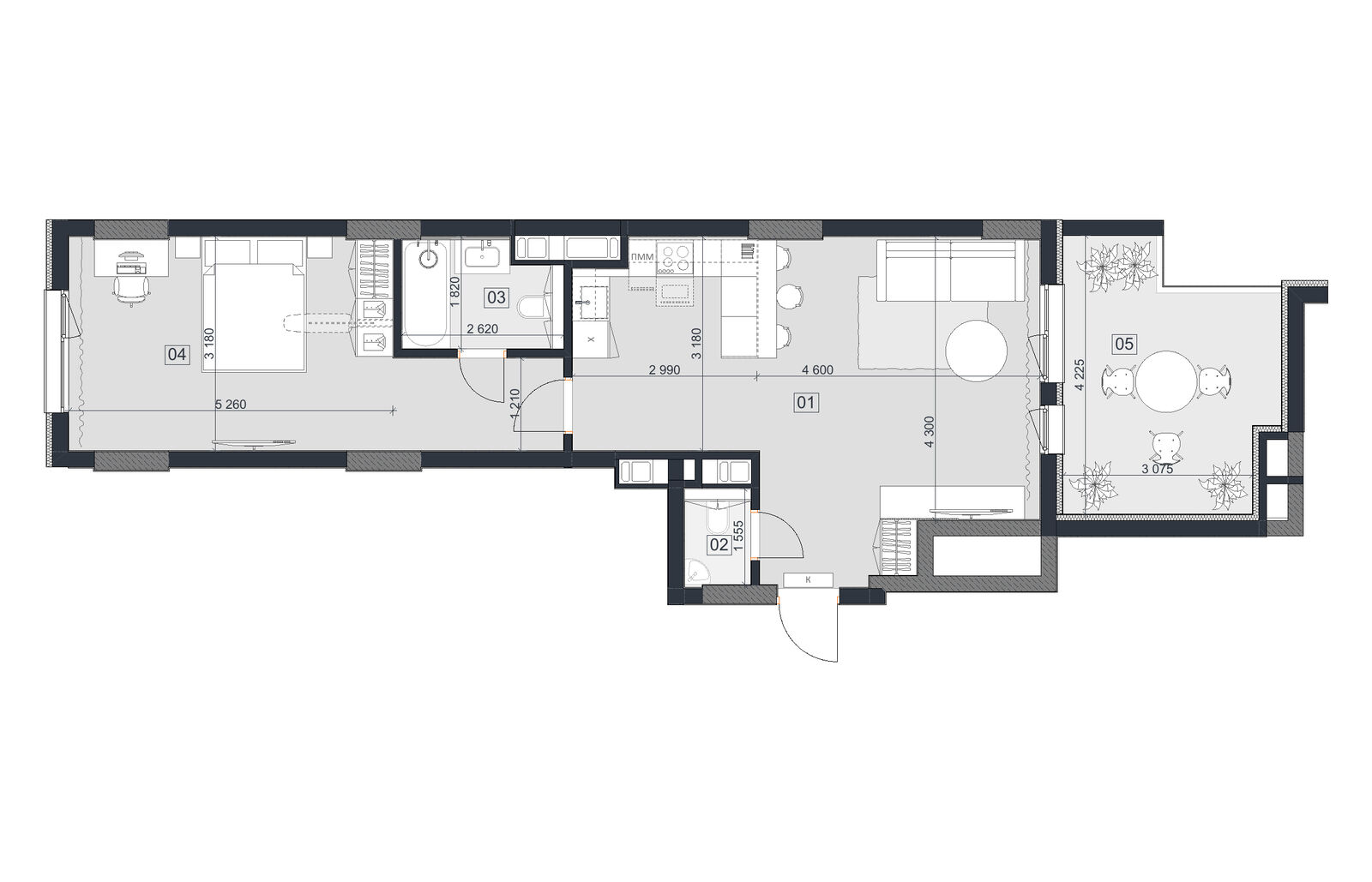 1-кімнатна 63.6 м², секція 4