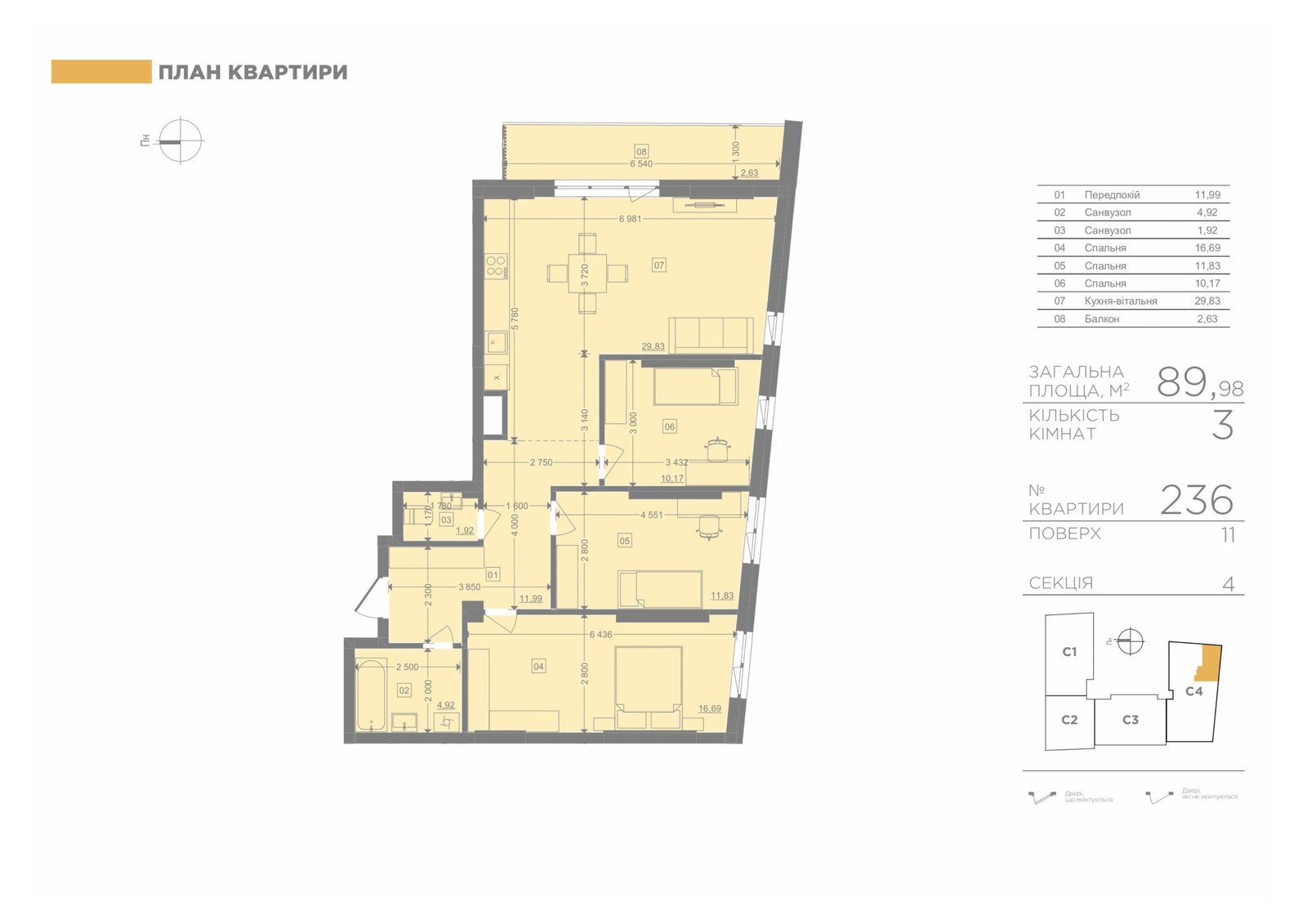 3-кімнатна 89.98 м², секція 4